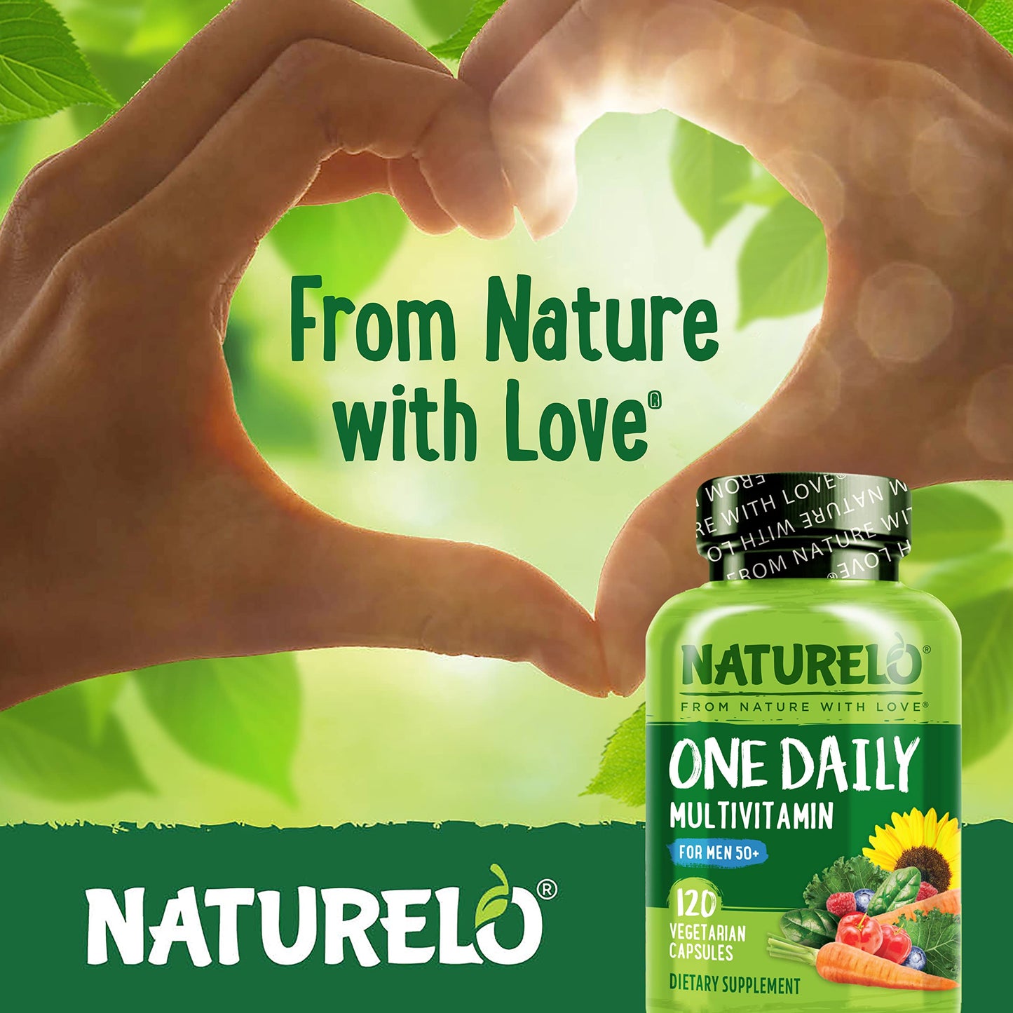 ilustración corazón hecha con manos y multivitaminas naturelo