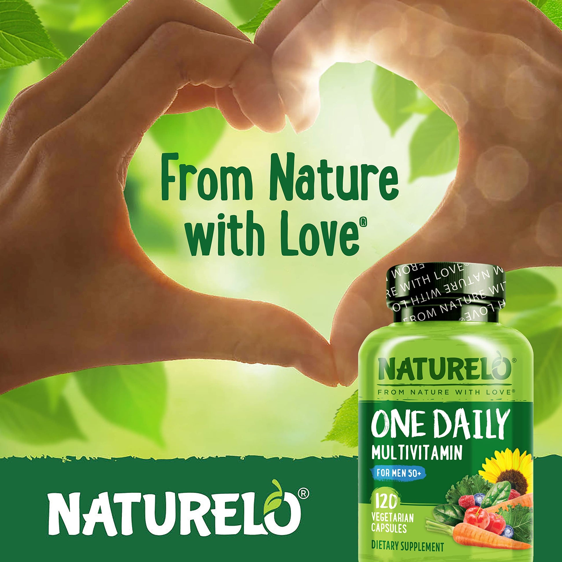 ilustración corazón hecha con manos y multivitaminas naturelo