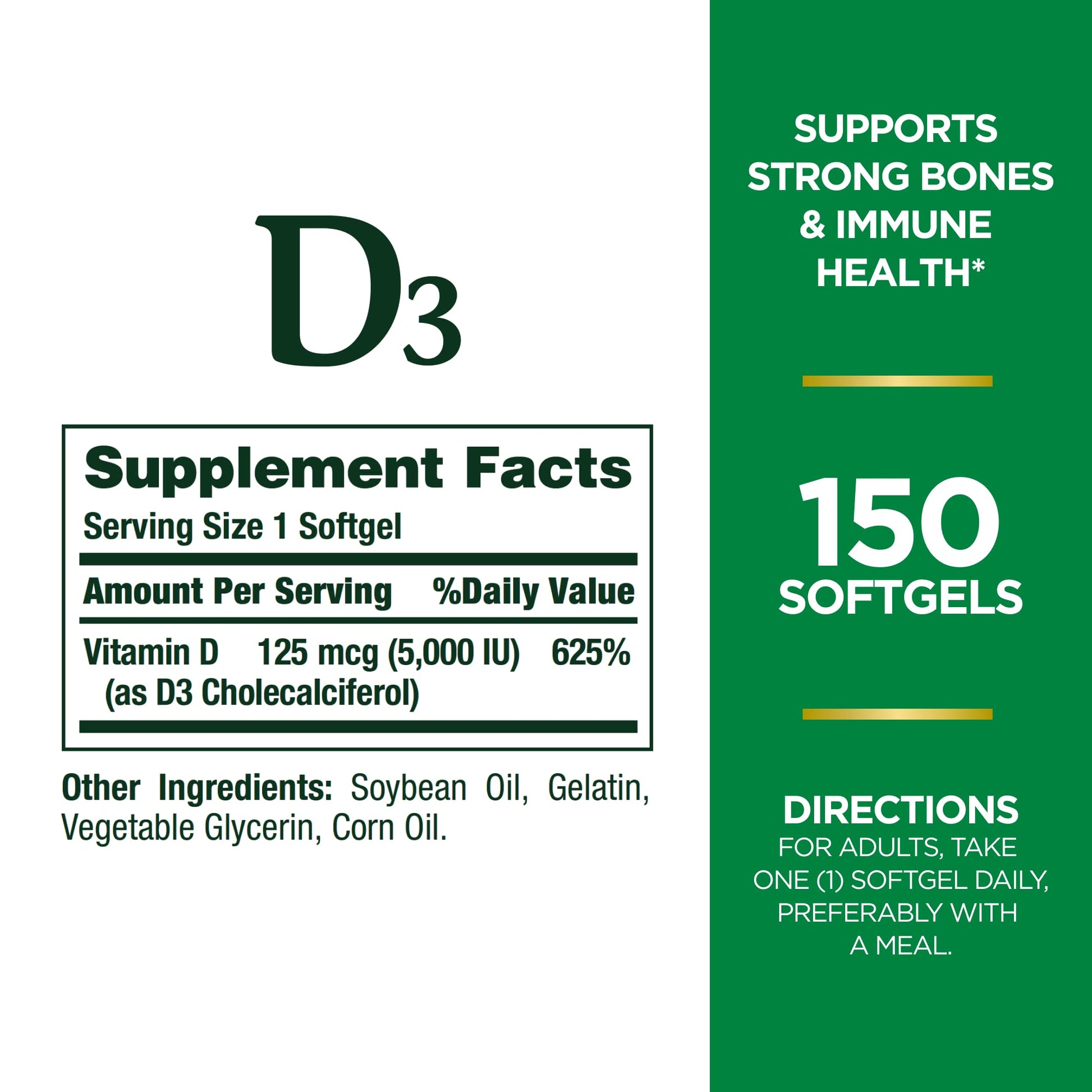 Imagen lateral frasco Vitamina D3 Nature's Bounty 150 cápsulas
