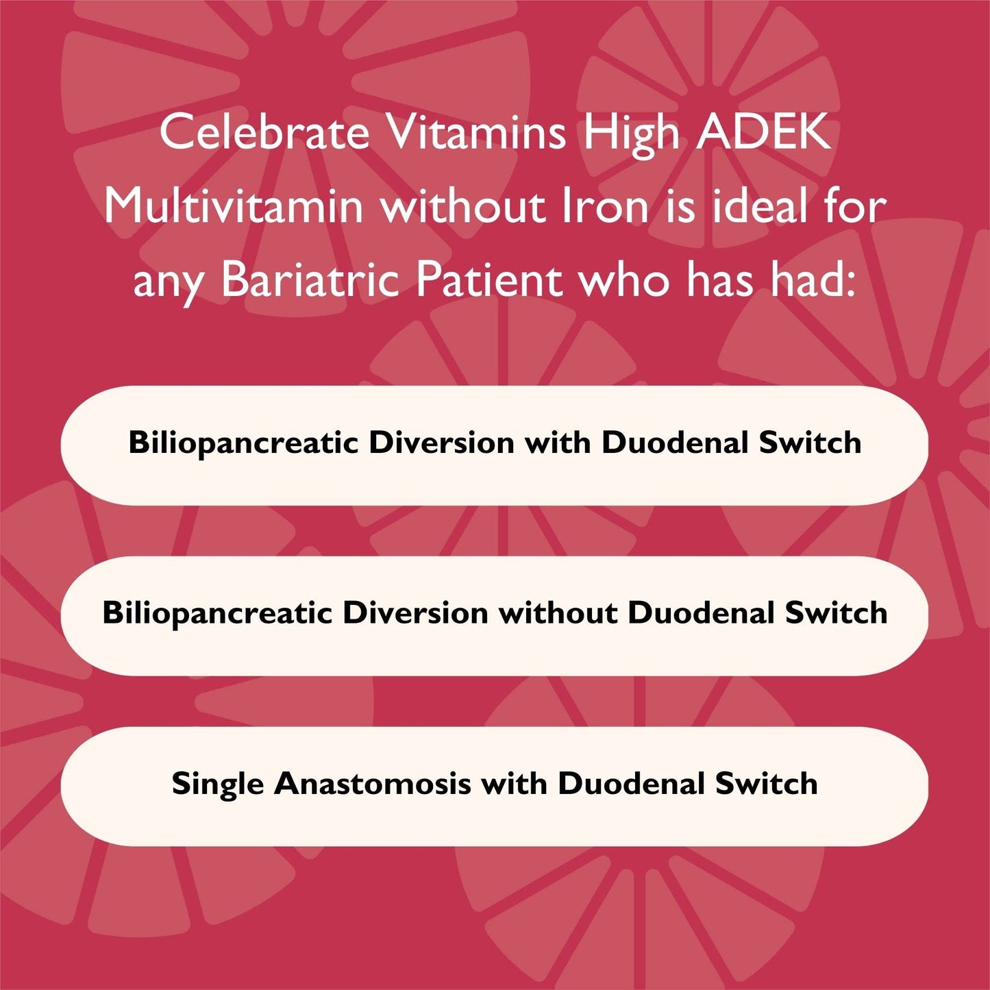 Indicaciones multivitaminas ADEK Celebrate para diferentes tipos de cirugía