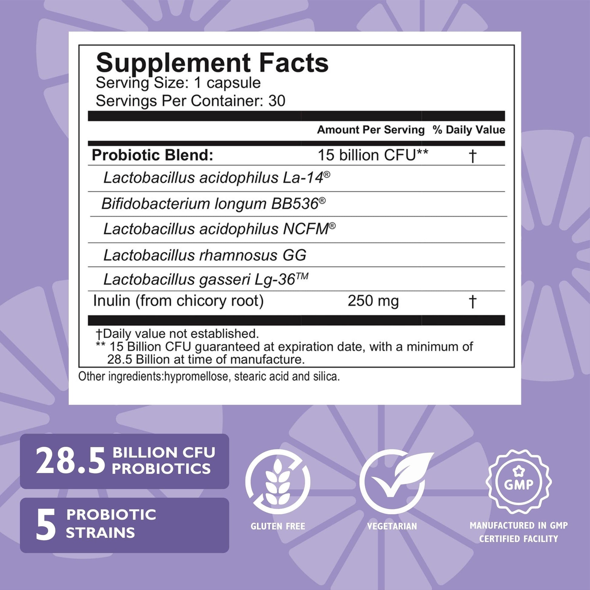 Información de ingredientes del Balance probiótico + prebiótico para salud intestinal.