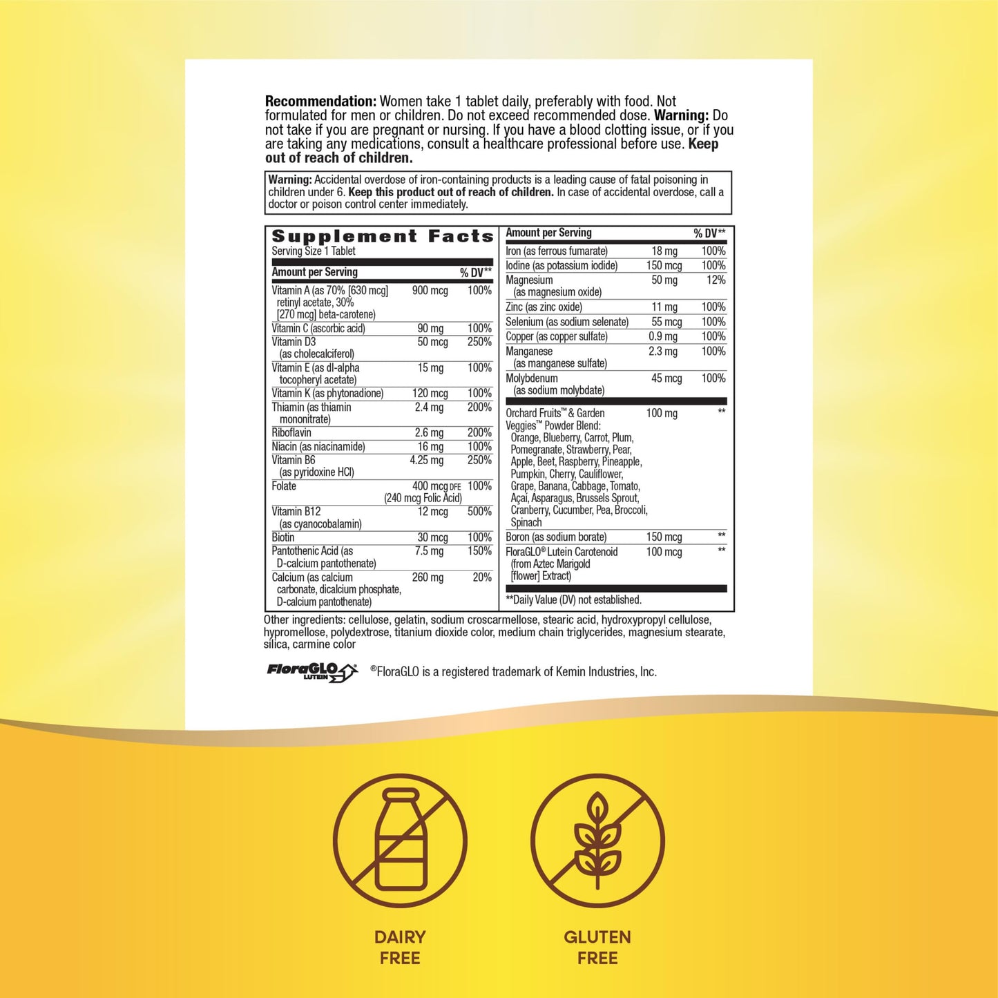 Información nutricional del multivitamínico Alive