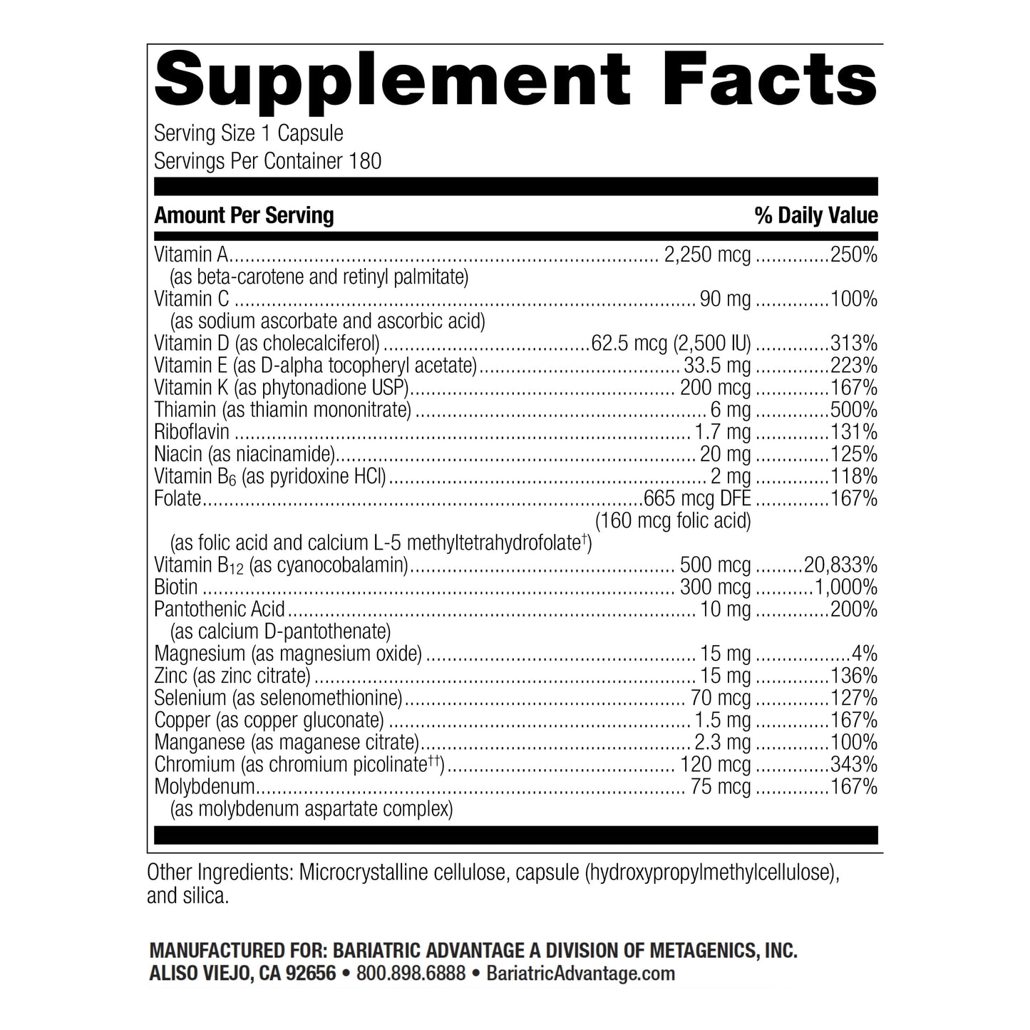 Información nutricional de Bariatric Advantage multivitamínico High ADEK