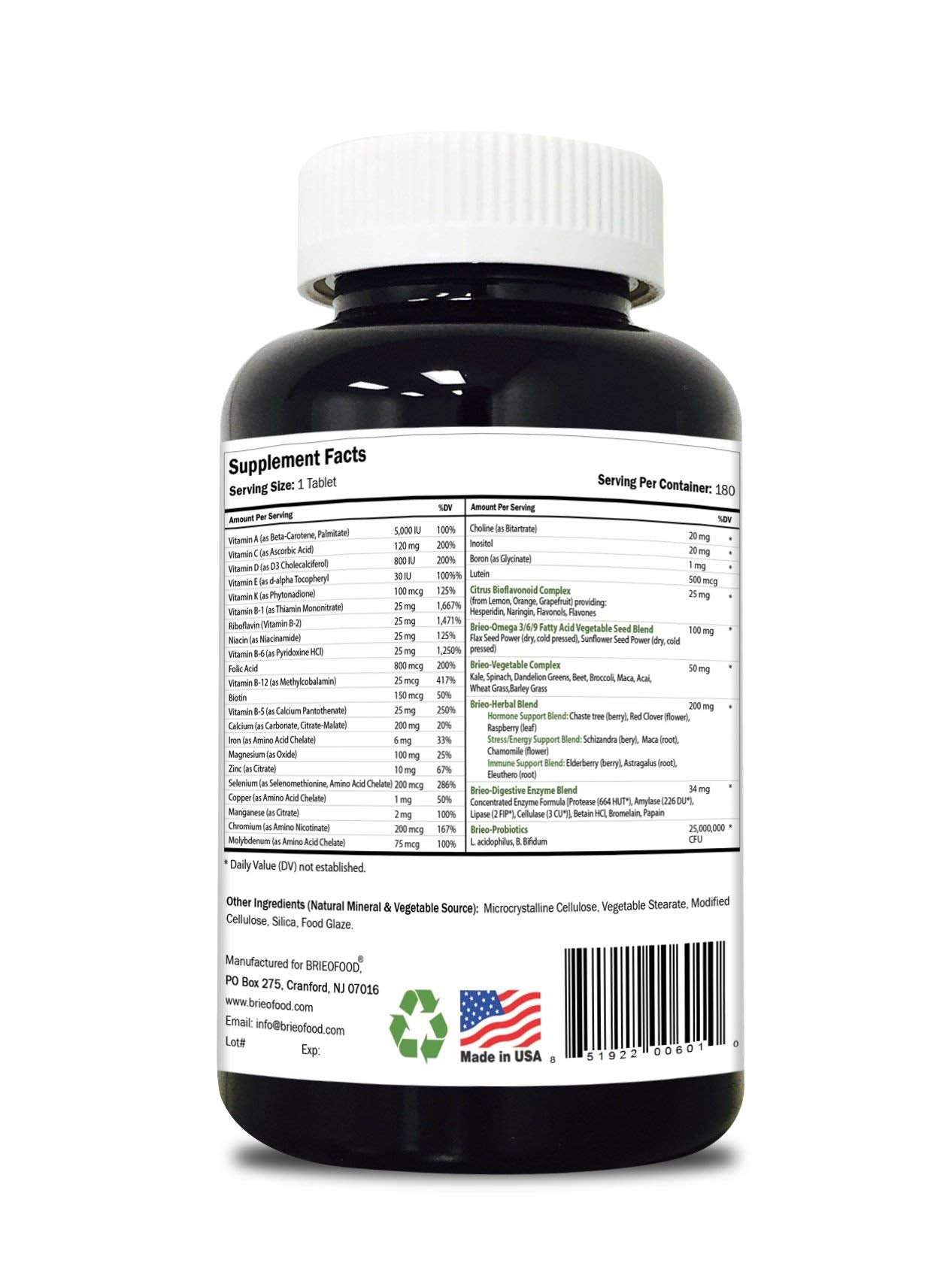 Información nutricional del multivitamínico Briofood para mujeres