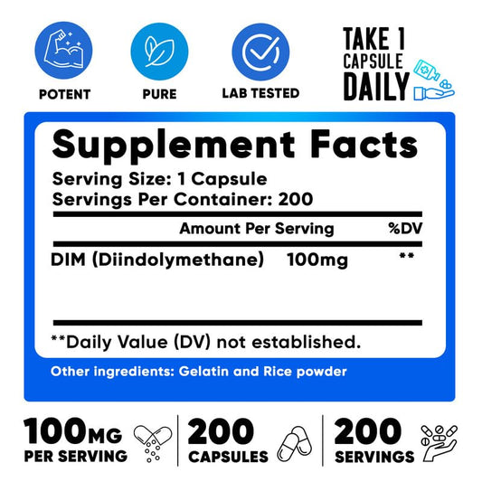 Información nutricional de las cápsulas de DIM 100mg
