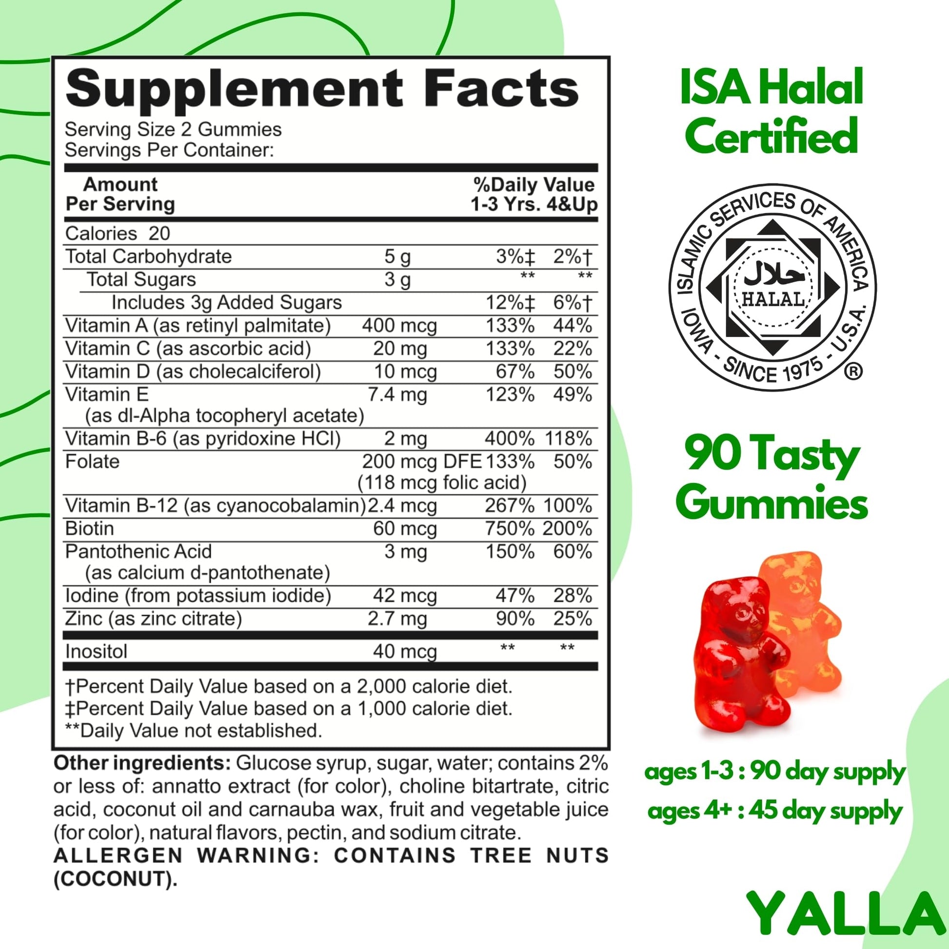 Información nutricional de gomas multivitamínicas halal para niños.