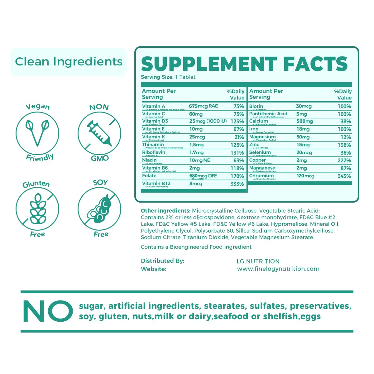 Información nutricional de multivitaminas Finelogy para la mujer