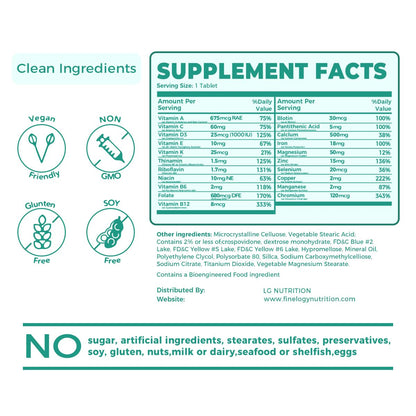 Información nutricional de multivitaminas Finelogy para la mujer