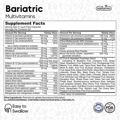 Información nutricional de multivitamínico bariátrico Kaitamin