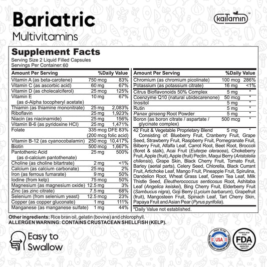 Información nutricional de multivitamínico bariátrico Kaitamin