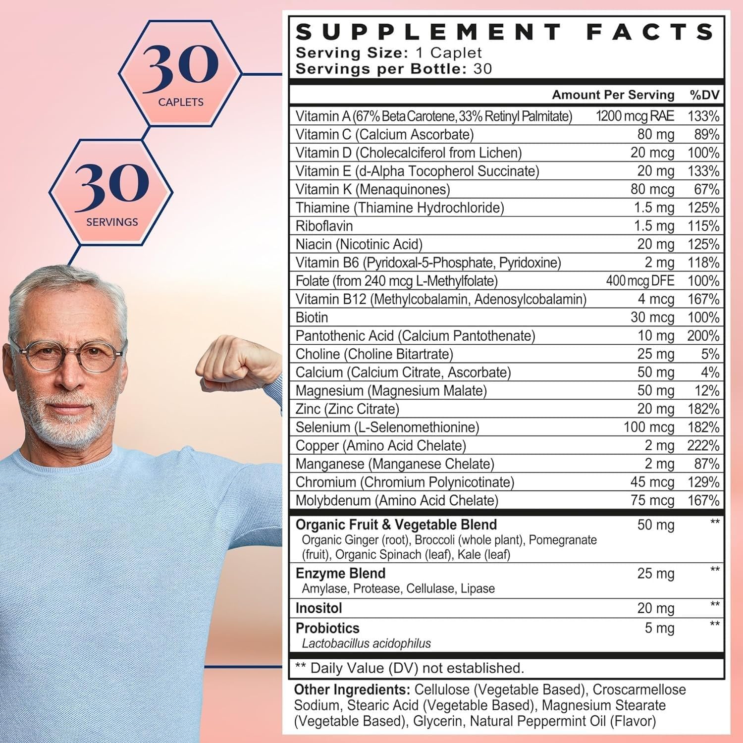 Información nutricional del suplemento multivitamínico para hombres