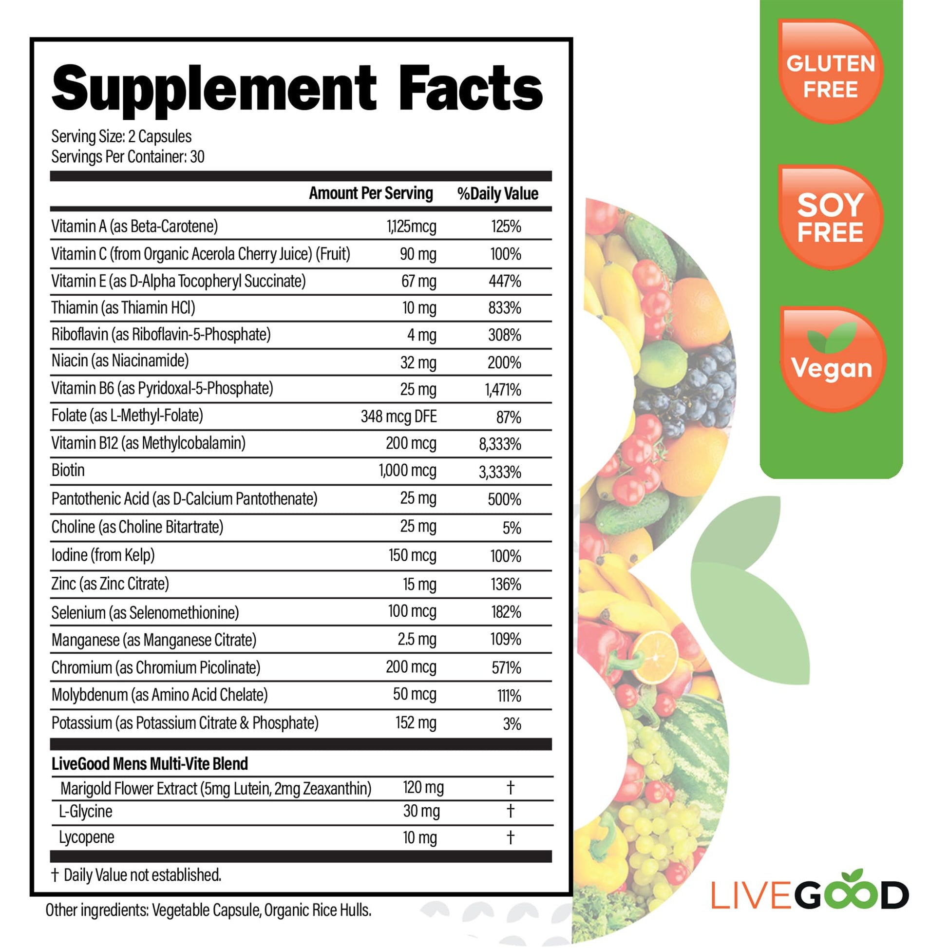 Información nutricional del multivitamínico LiveGood para hombres