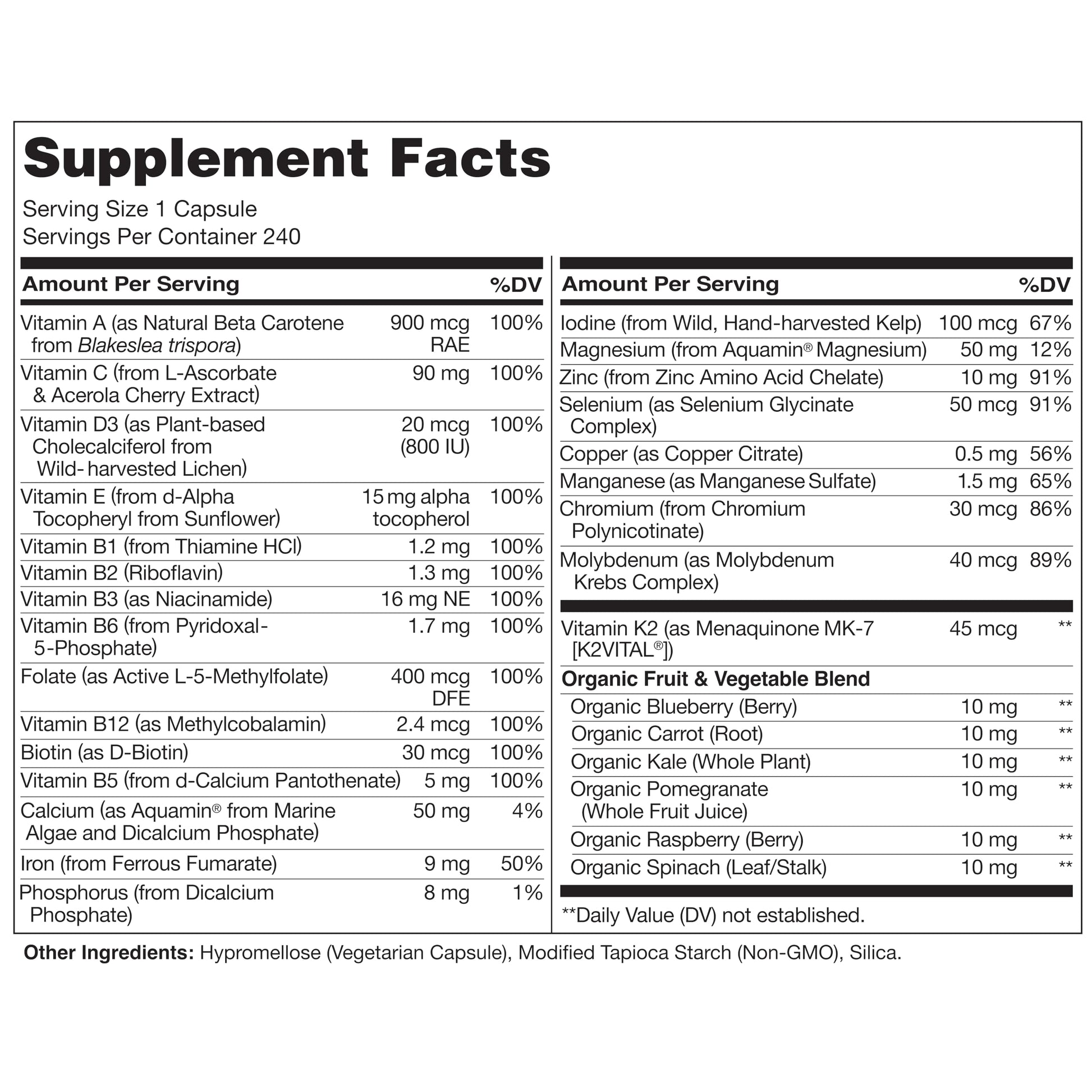 Tabla de información nutricional del multivitamínico NATURELO.