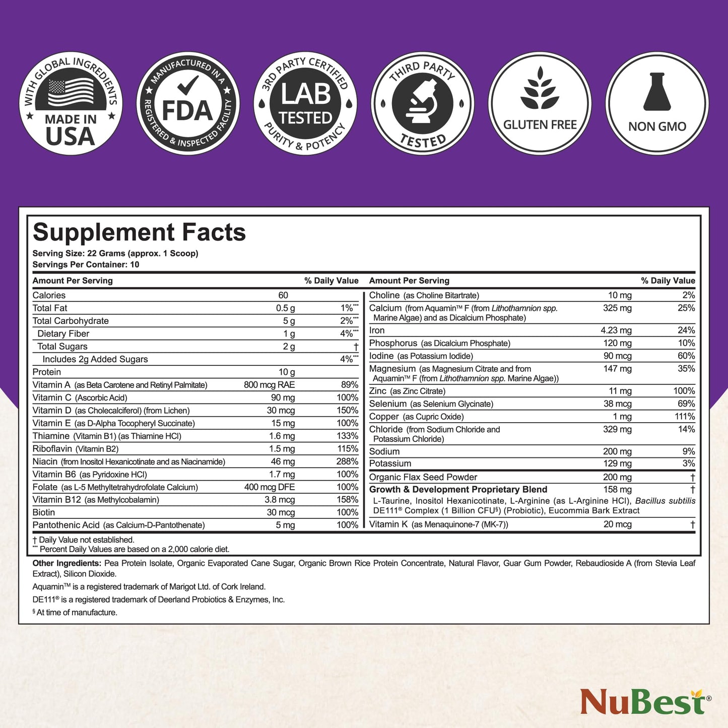 Información nutricional del polvo NuBest Tall