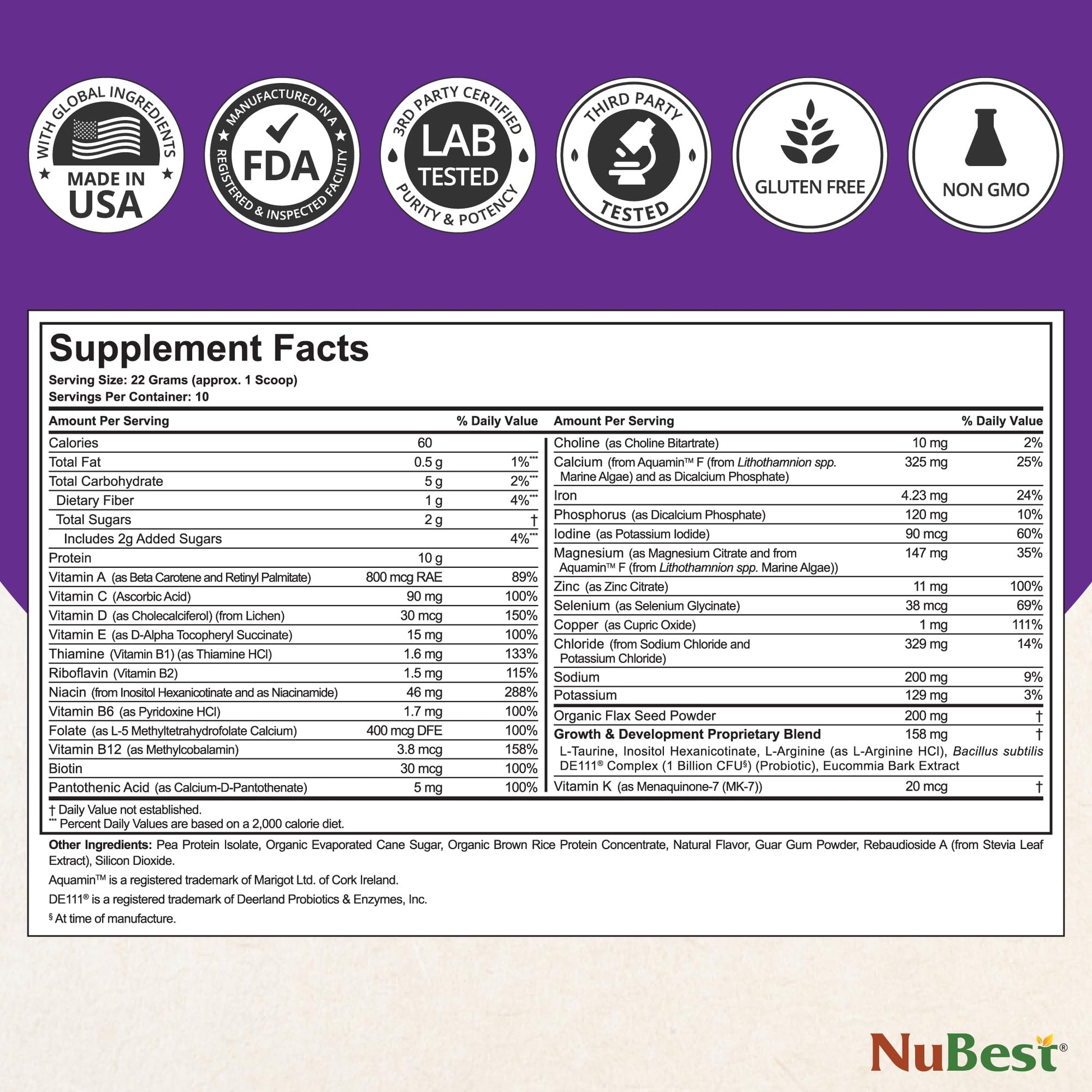Información nutricional del polvo NuBest Tall