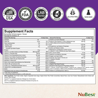 Información nutricional del polvo NuBest Tall