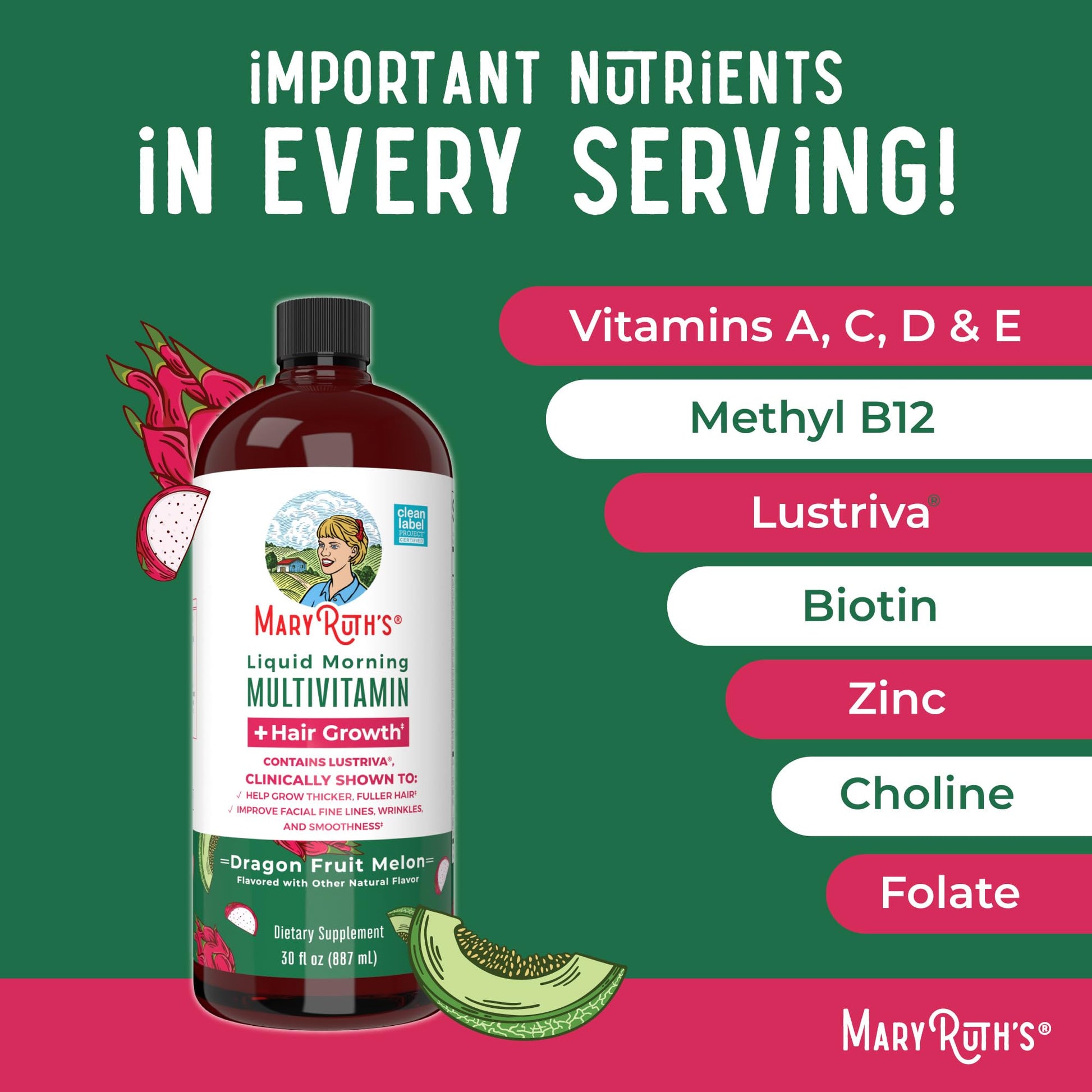 Información nutricional de MaryRuth's, destacando vitaminas importantes.