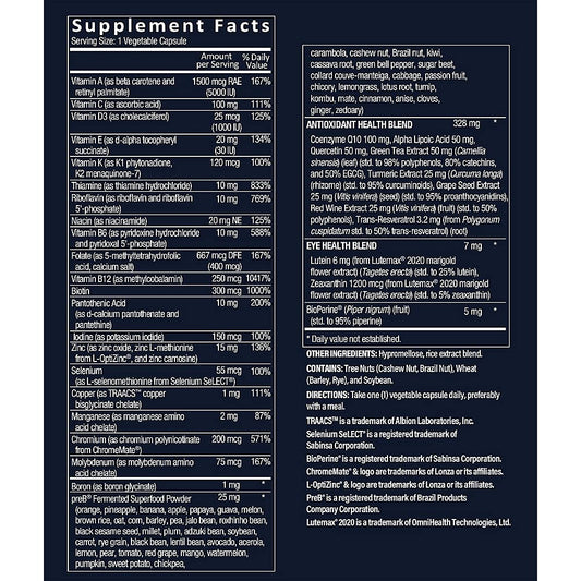 Información nutricional del multivitamínico Vthrive