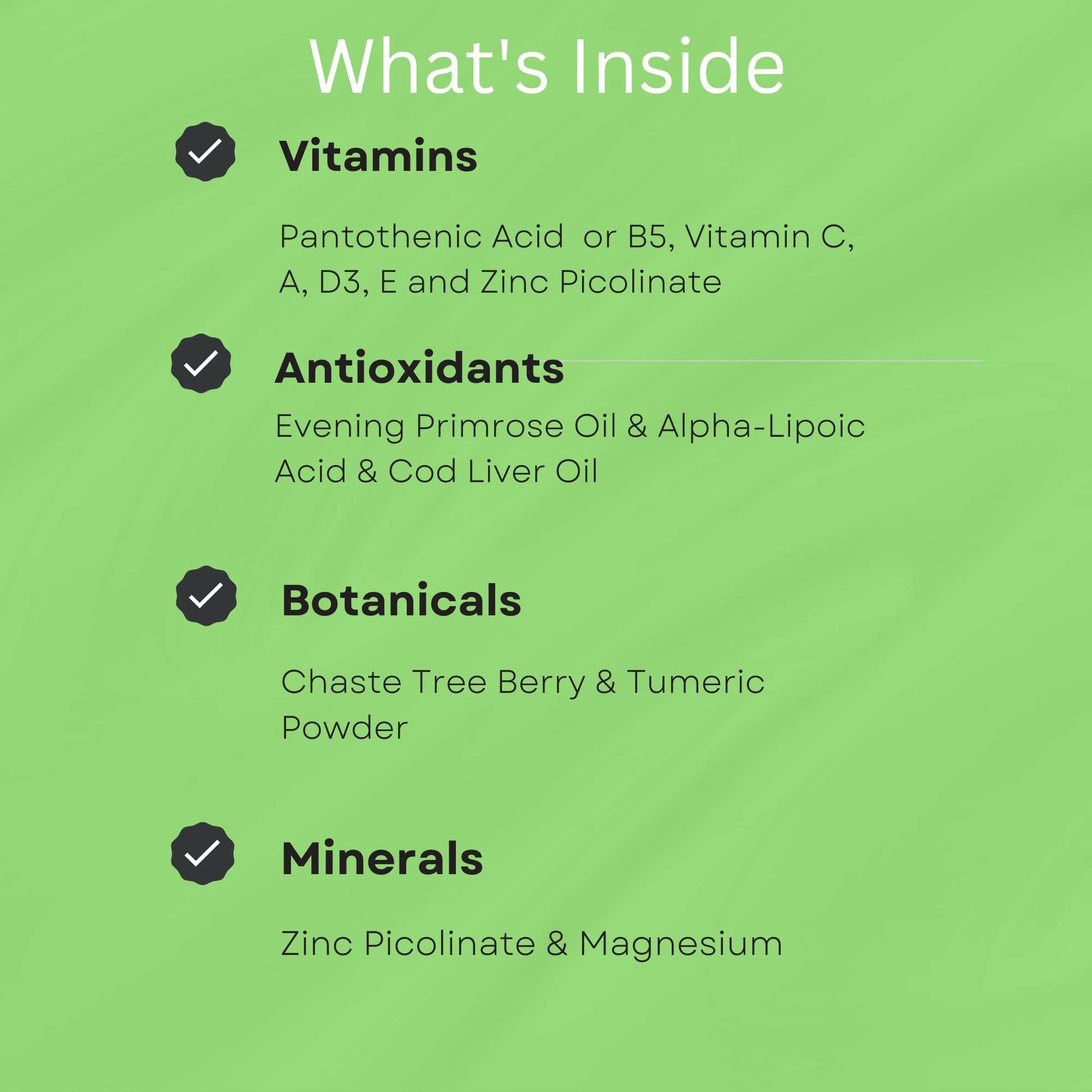 Información de suplementos para acné en piel con vitaminas y minerales