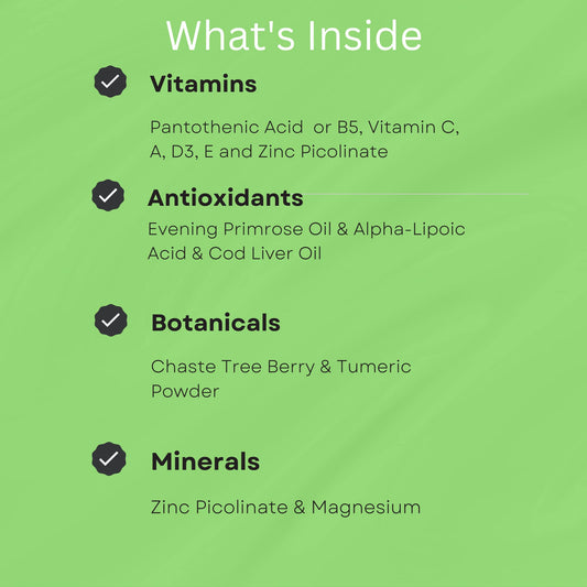 Información de suplementos para acné en piel con vitaminas y minerales