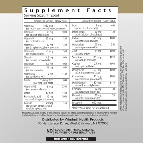Información de suplementos para Windmill multivitaminas hombres 50+.