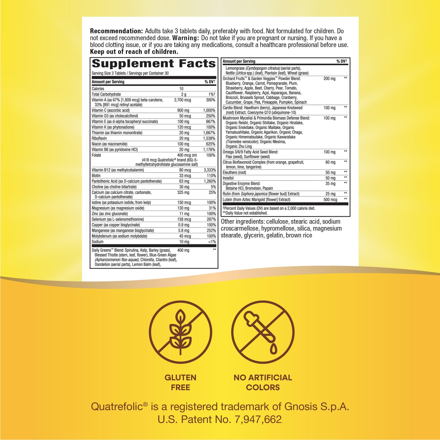 Información nutricional de suplemento multivitamínico.