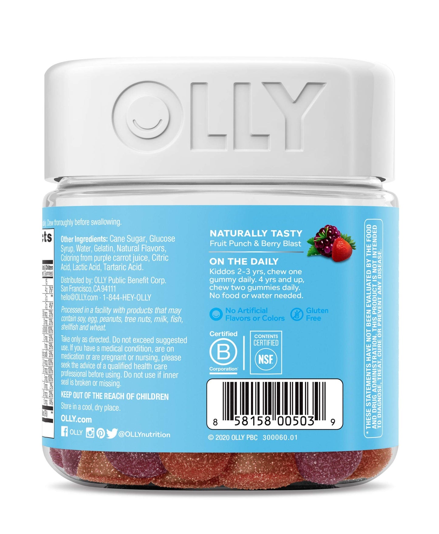 Lado del frasco de multivitamínico OLLY mostrando información adicional