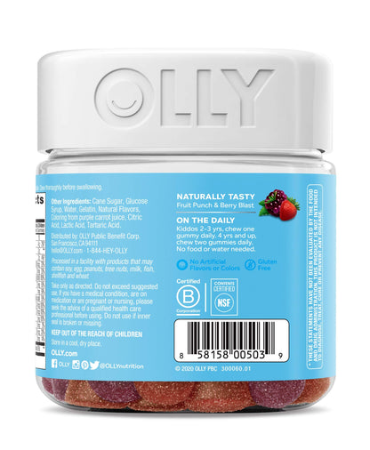 Lado del frasco de multivitamínico OLLY mostrando información adicional