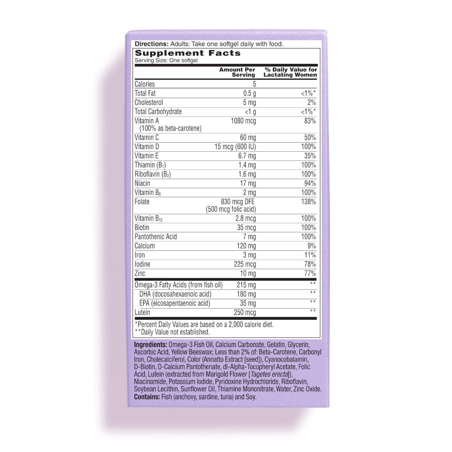 Información de contenido y suplementos del multivitamínico posnatal de ONE A DAY.