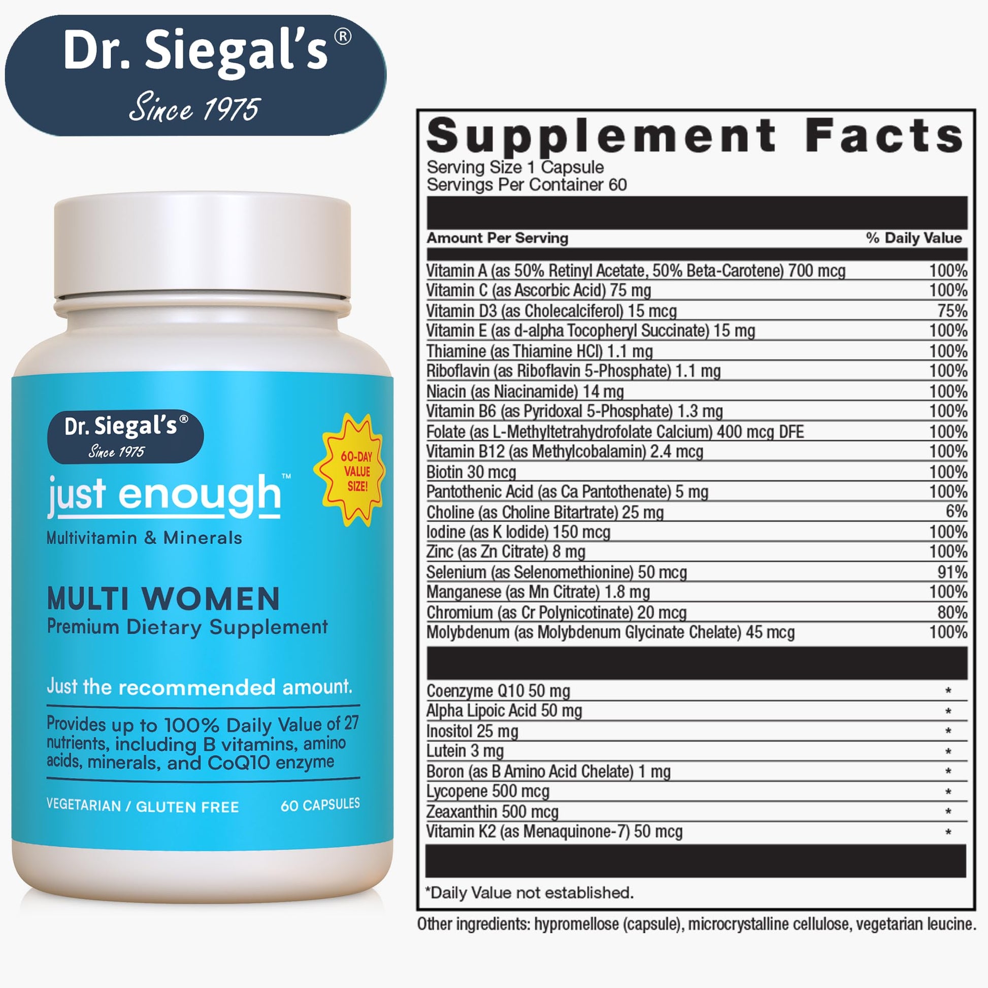 Información de ingredientes de cápsulas multivitamínicas Dr. Siegal.