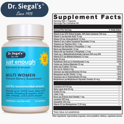 Información de ingredientes de cápsulas multivitamínicas Dr. Siegal.