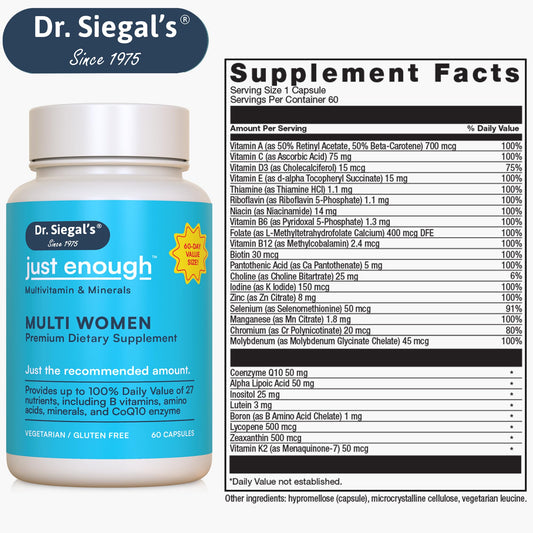 Información de ingredientes de cápsulas multivitamínicas Dr. Siegal.