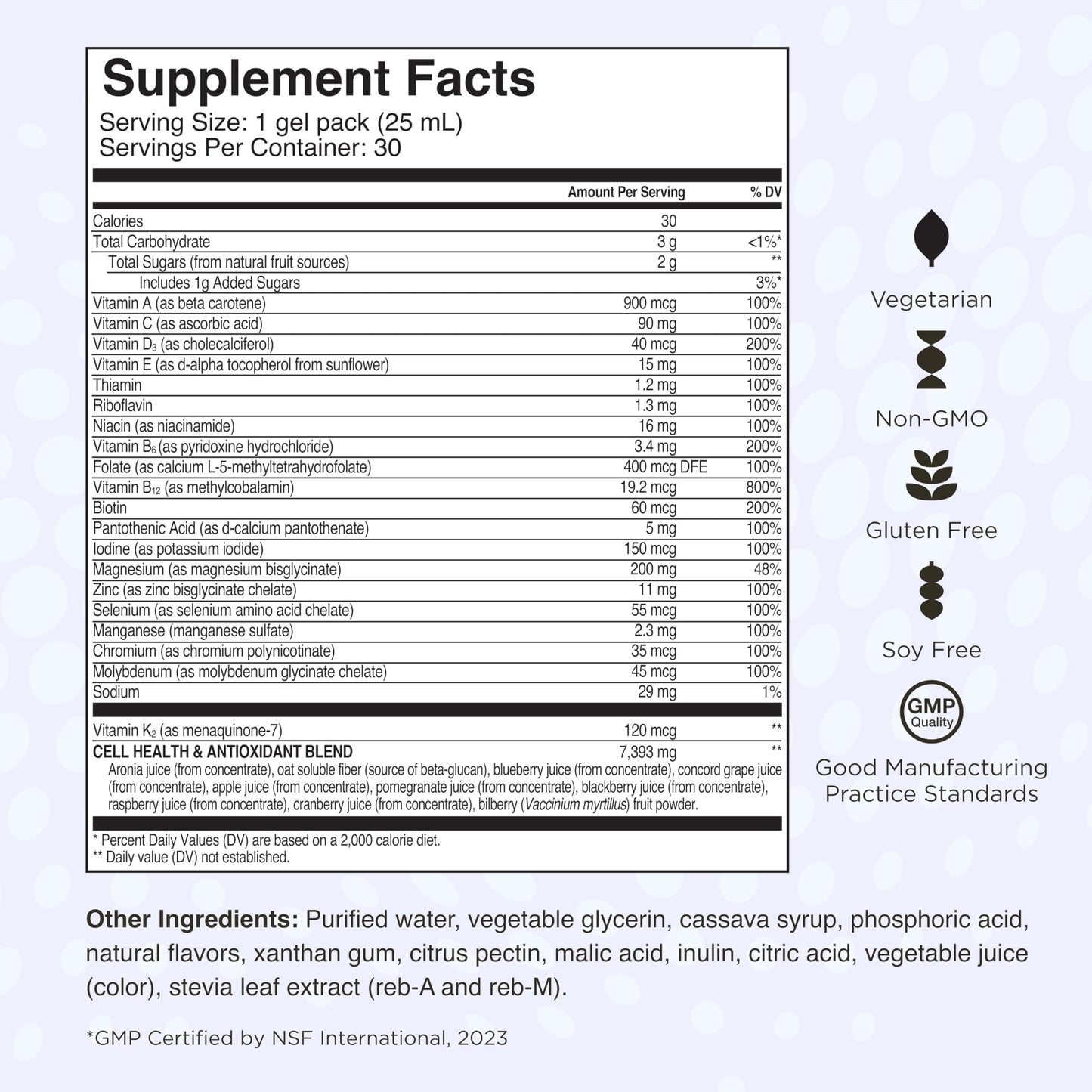 Información de ingredientes y certificaciones del suplemento