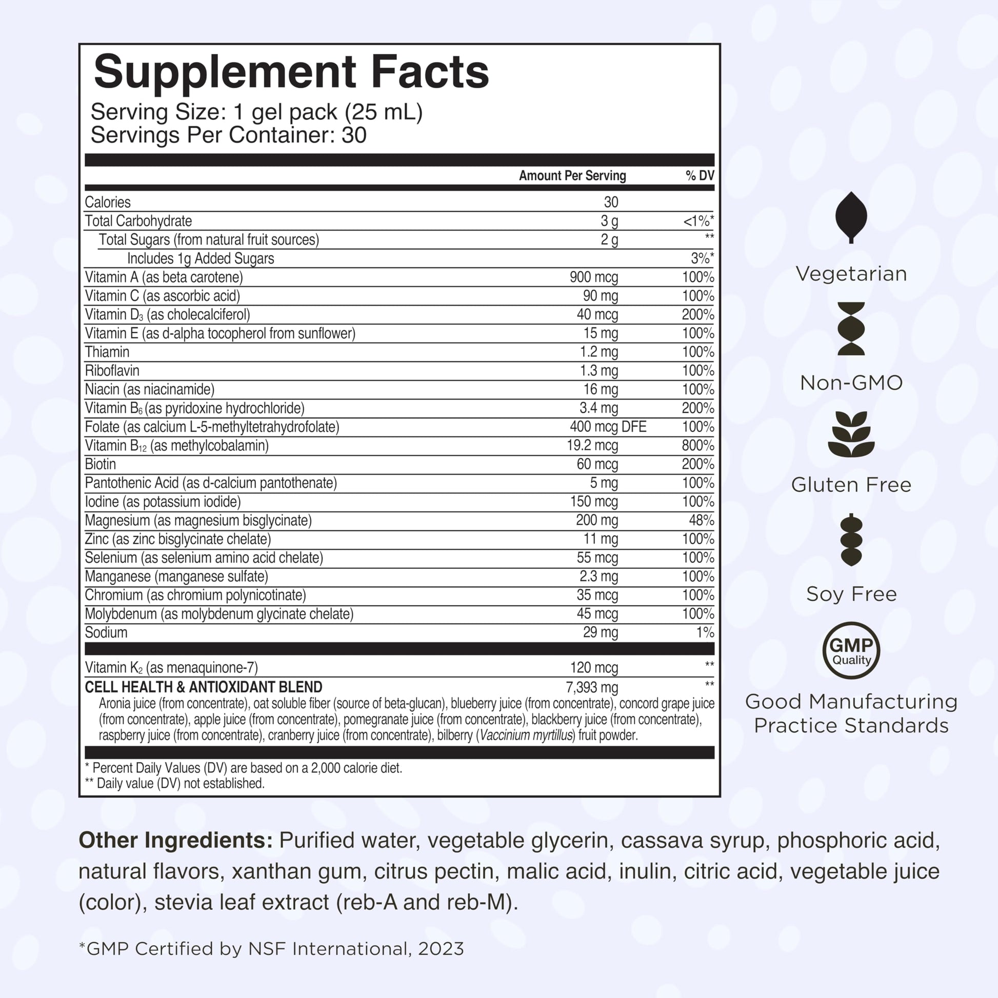 Información de ingredientes y certificaciones del suplemento