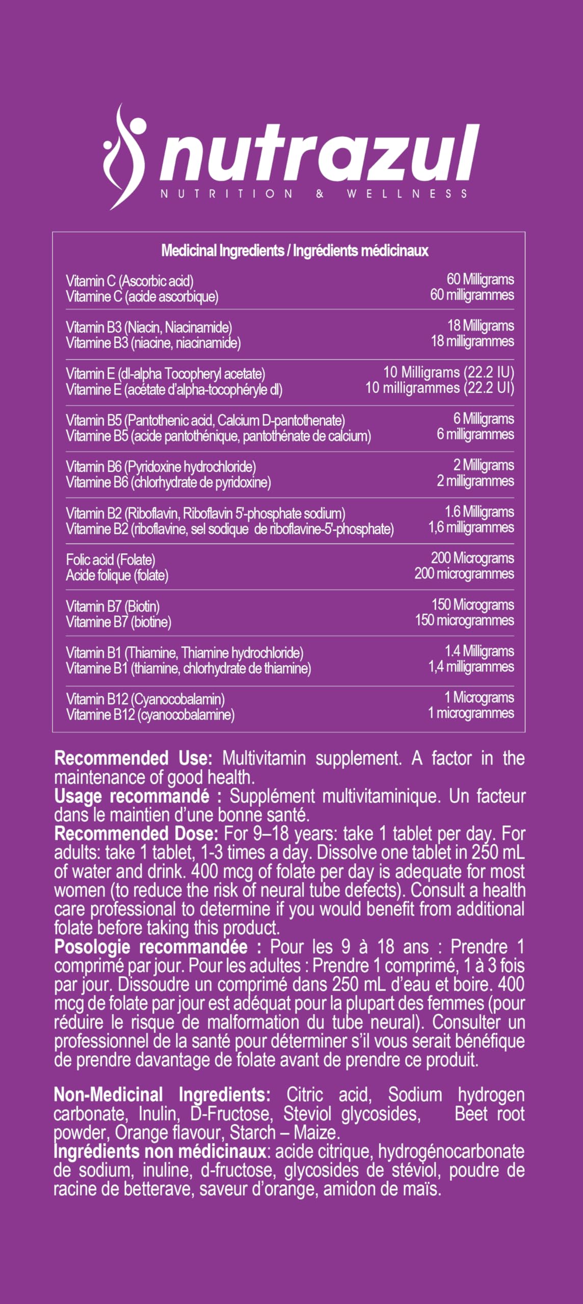 Información de ingredientes de nutrazul multivitaminas.