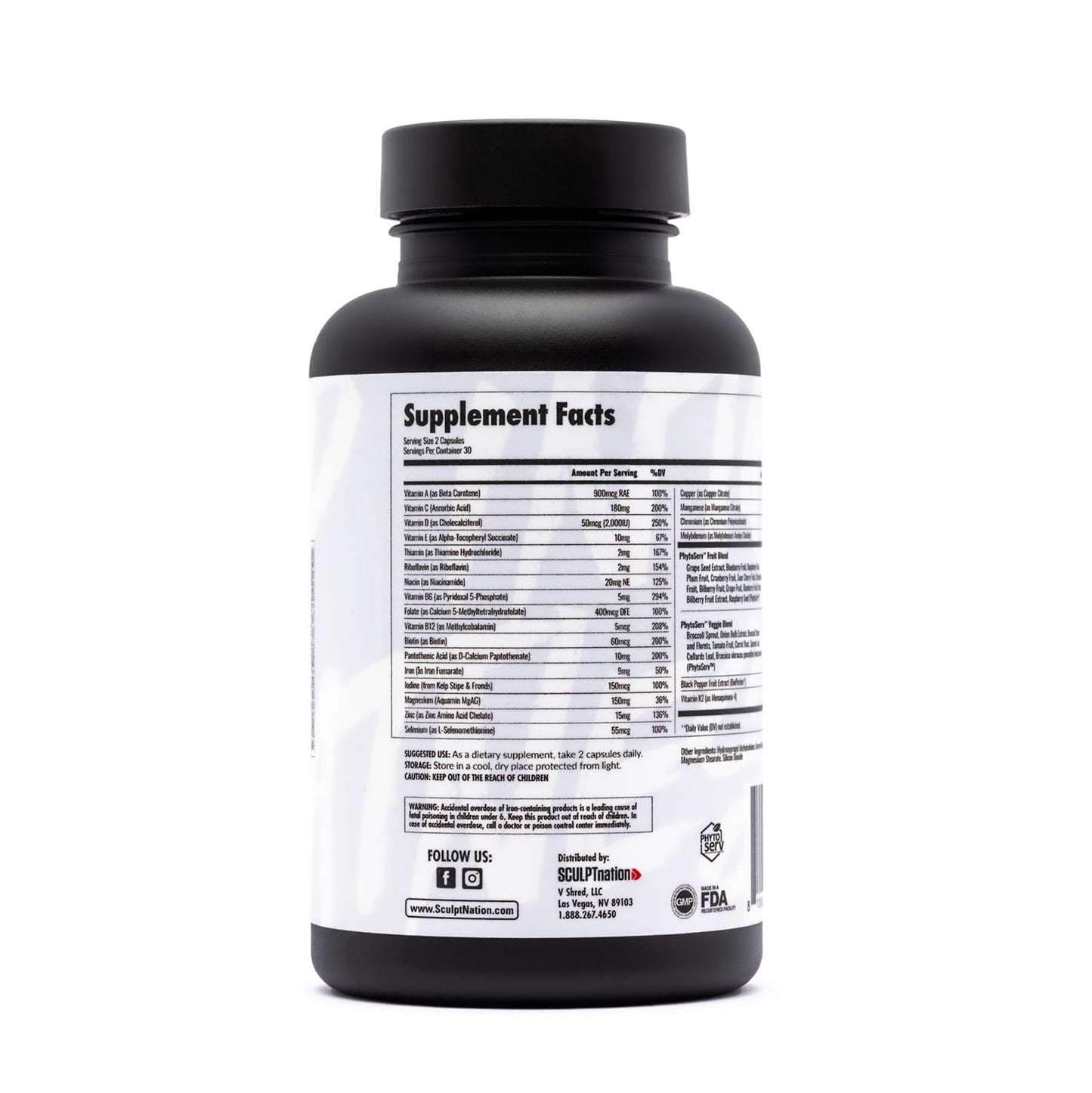 Información de ingredientes y cantidad del multivitamínico Sculpt Nation.
