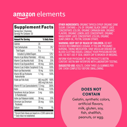 Información nutricional de Amazon Elements mujeres multivitamínicas