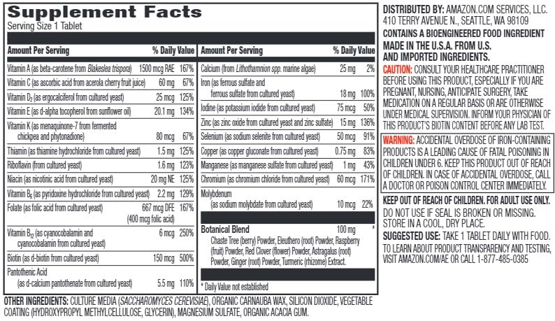 Información nutricional de Amazon Elements multivitamínico