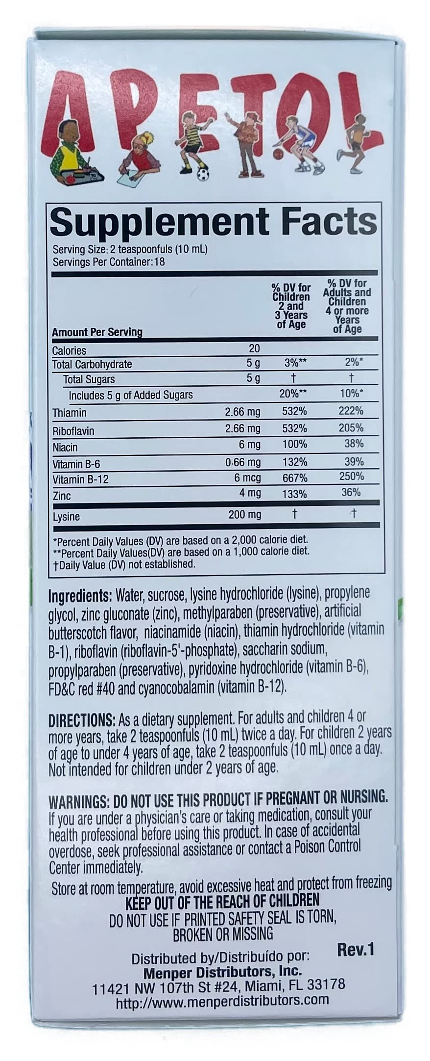Información nutricional Apetol Vitaminado - niños y adultos