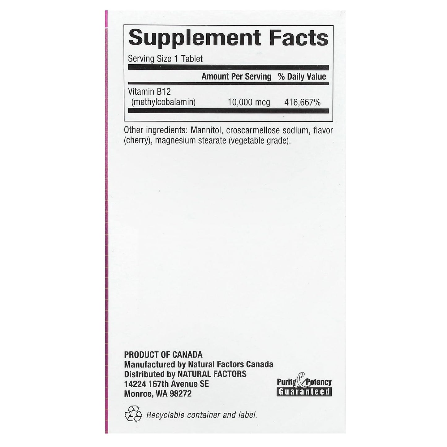 Información nutricional de B12 Natural Factors