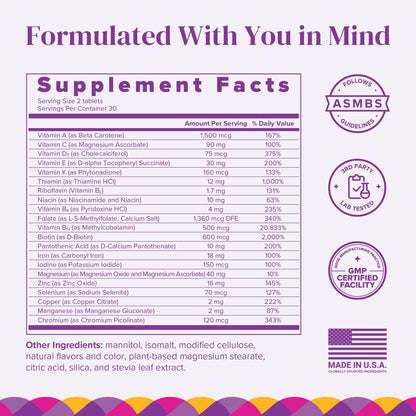 Información nutricional completa de suplemento Barimelts, multivitaminas bariátricas.