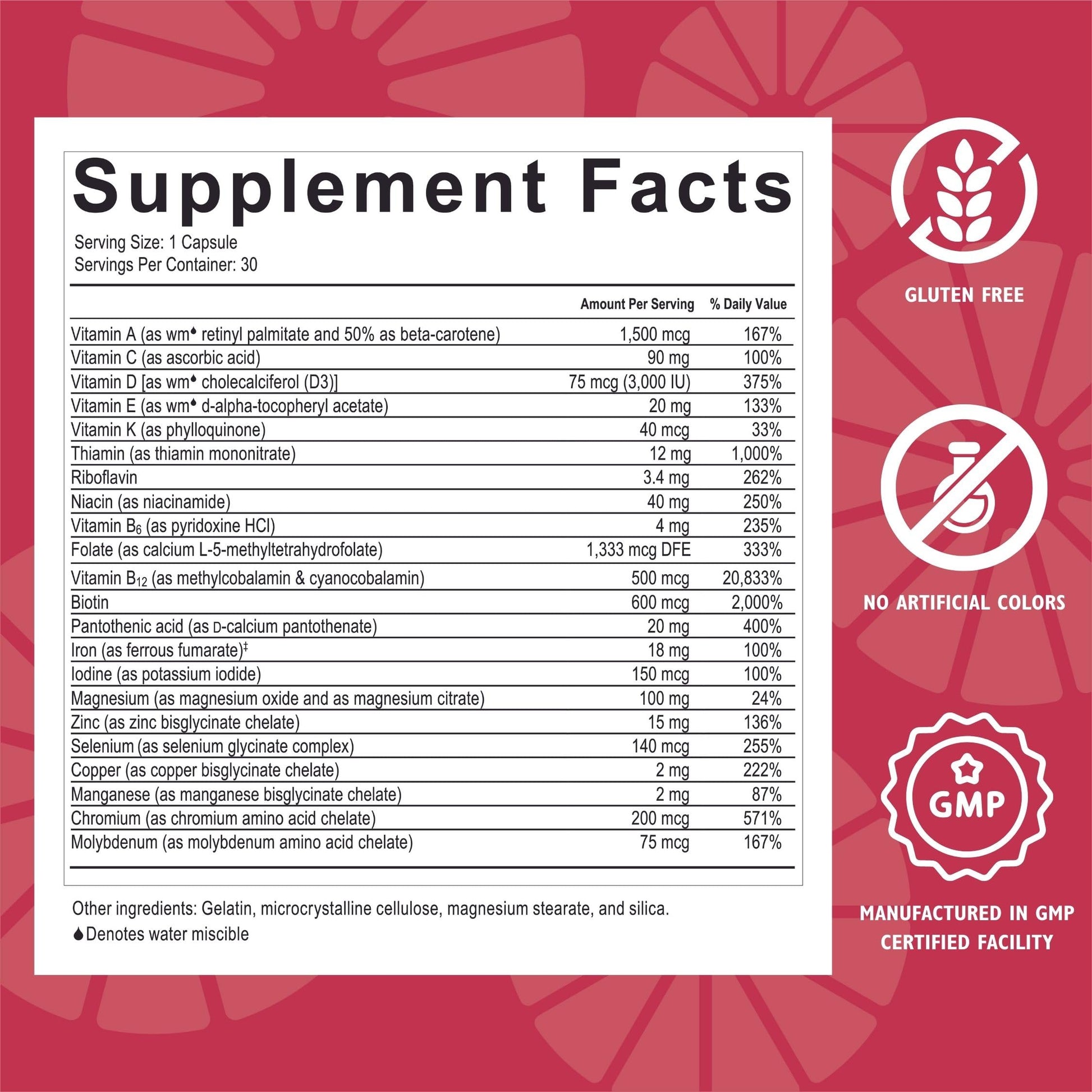 Información nutricional CelebrateONE multivitamínico