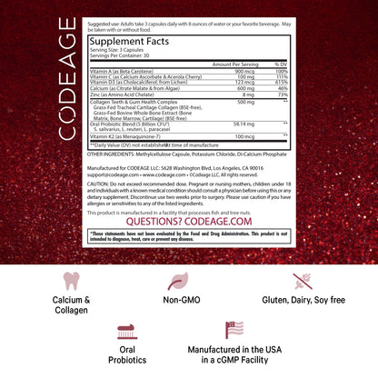 Información nutricional y tabla de ingredientes de las vitaminas Codeage para dientes y encías.