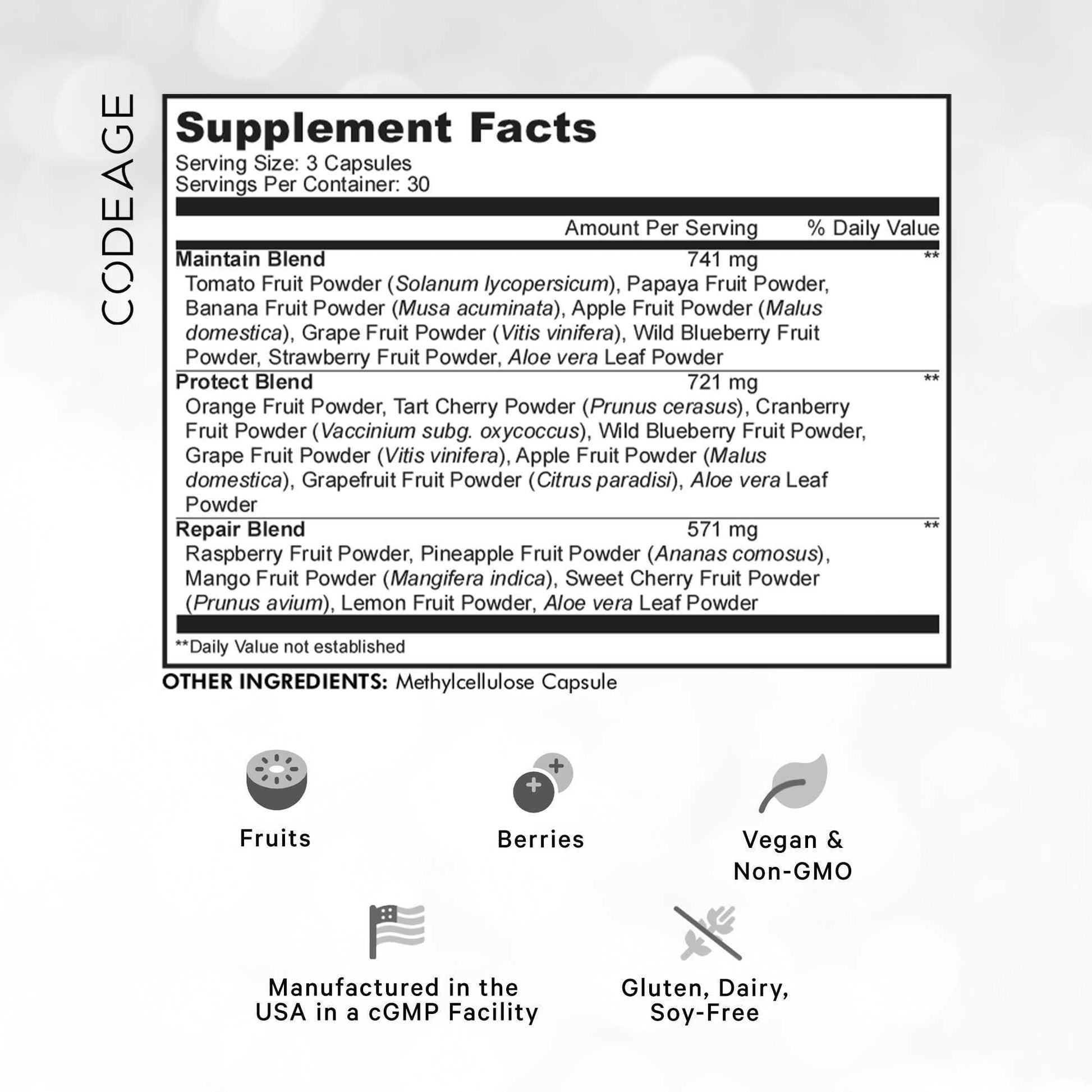 Información nutricional de Codeage Instantfood Fast Fruits