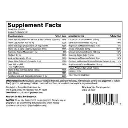 Información nutricional detallada de las multivitaminas ROMAN.