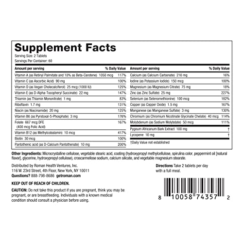 Información nutricional detallada de las multivitaminas ROMAN.