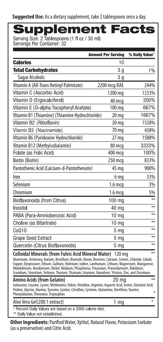 Tabla de información nutricional del multivitamínico Elevatic