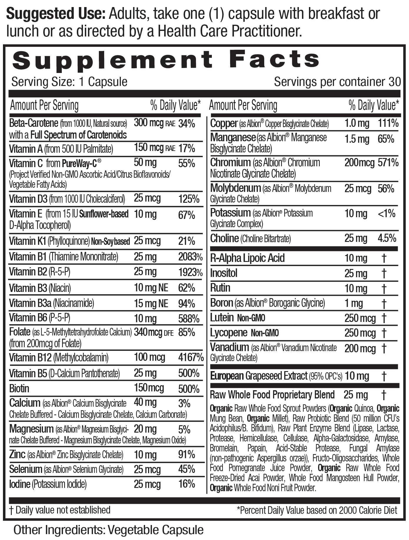 Información nutricional del multivitamínico EMERALD LABS