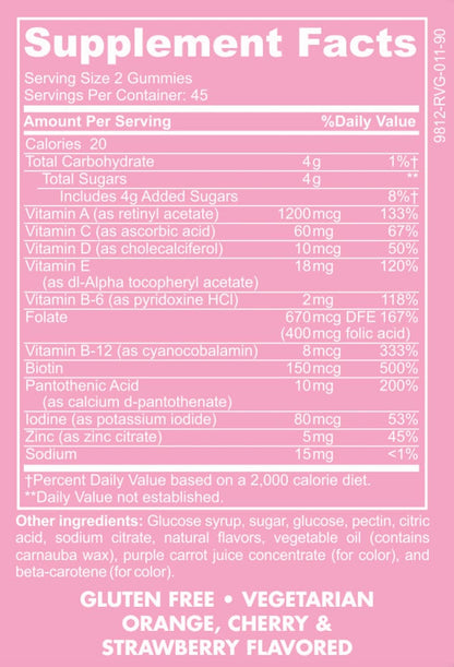 Información nutricional de las gomas multivitamínicas Baby Blues.