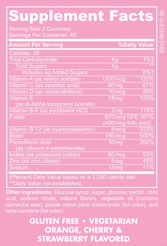 Información nutricional de las gomas multivitamínicas Baby Blues.